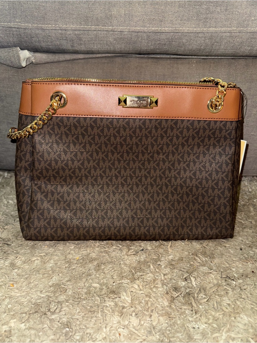 Michael Kors Brown and Tan Logo Chain Shoulder Bag